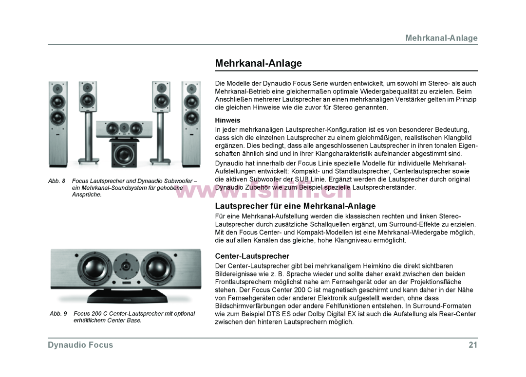 Dynaudio Focus loudspeakers owner manual Lautsprecher für eine Mehrkanal-Anlage, Center-Lautsprecher, Dynaudio Focus 