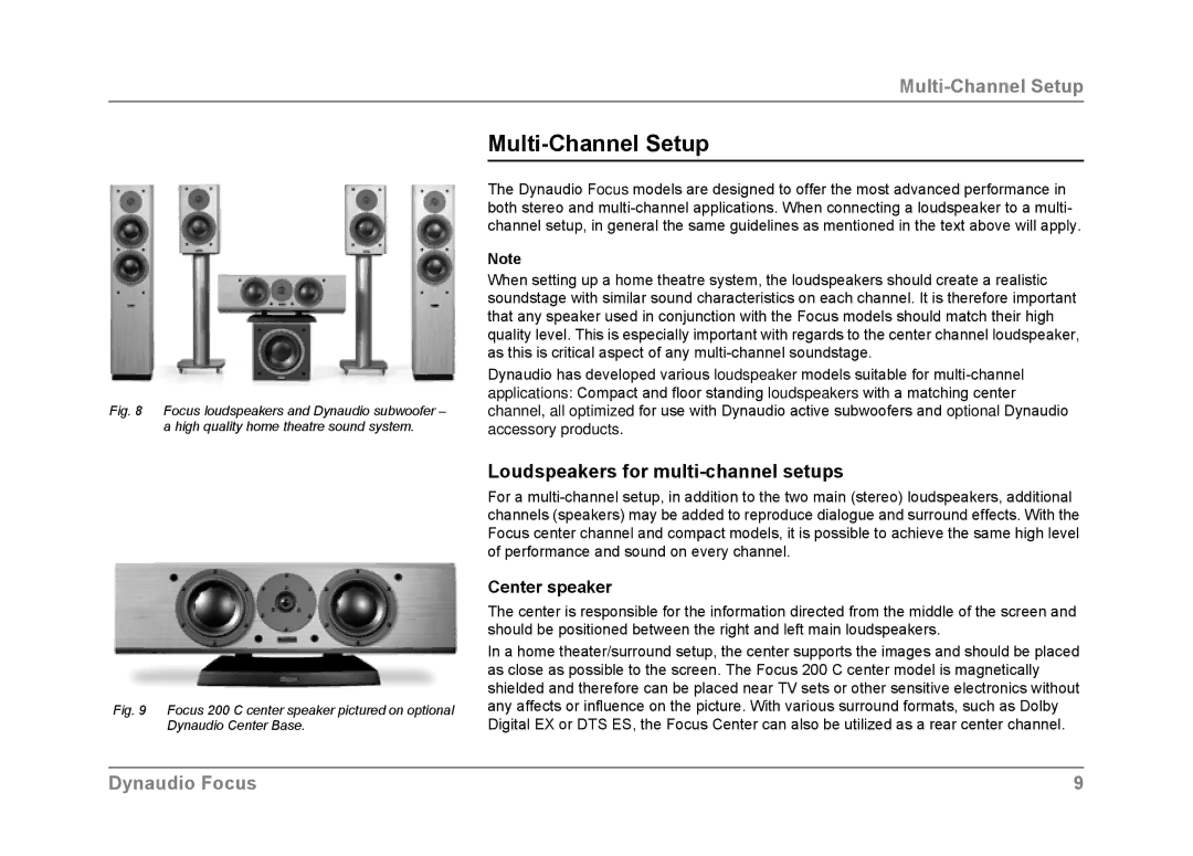 Dynaudio Focus owner manual Multi-Channel Setup, Loudspeakers for multi-channel setups, Center speaker 