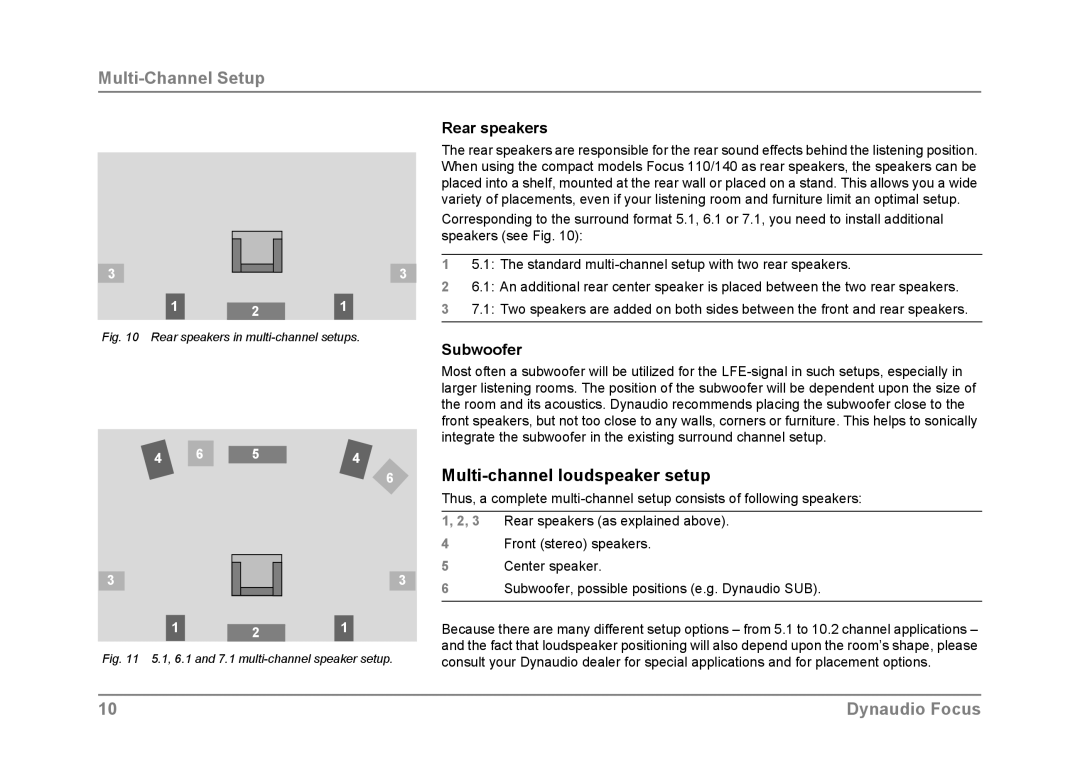 Dynaudio Focus owner manual Multi-channel loudspeaker setup, Rear speakers, Subwoofer 