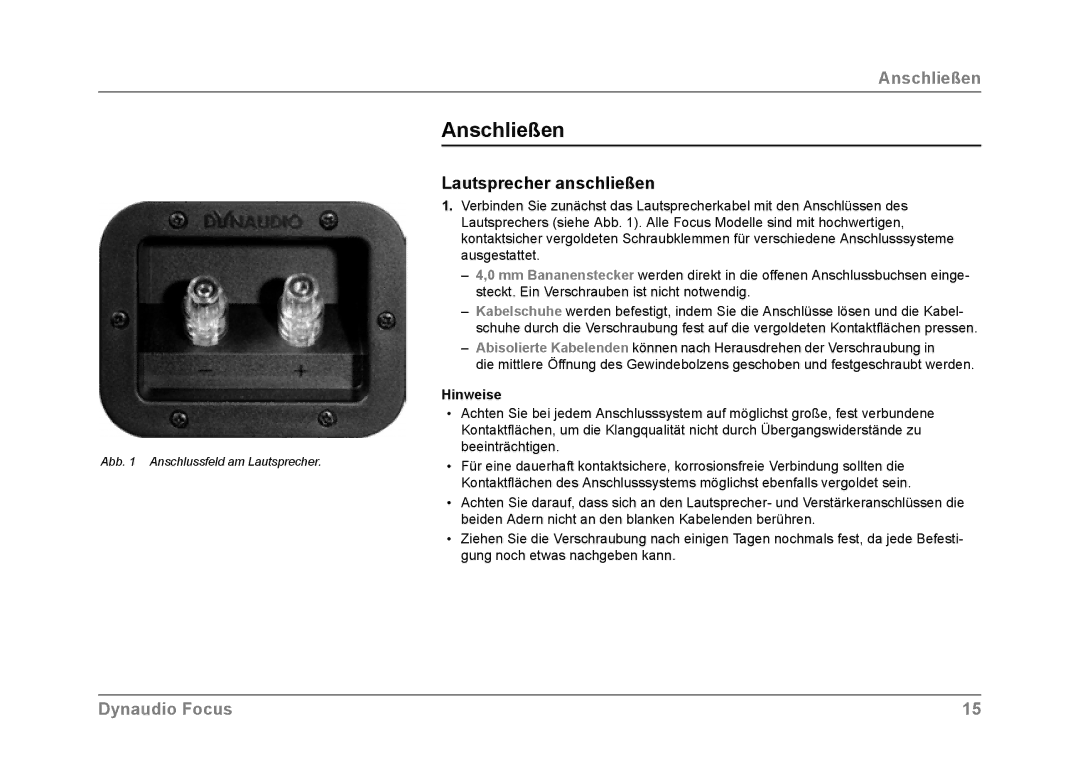 Dynaudio Focus owner manual Anschließen, Lautsprecher anschließen, Hinweise 