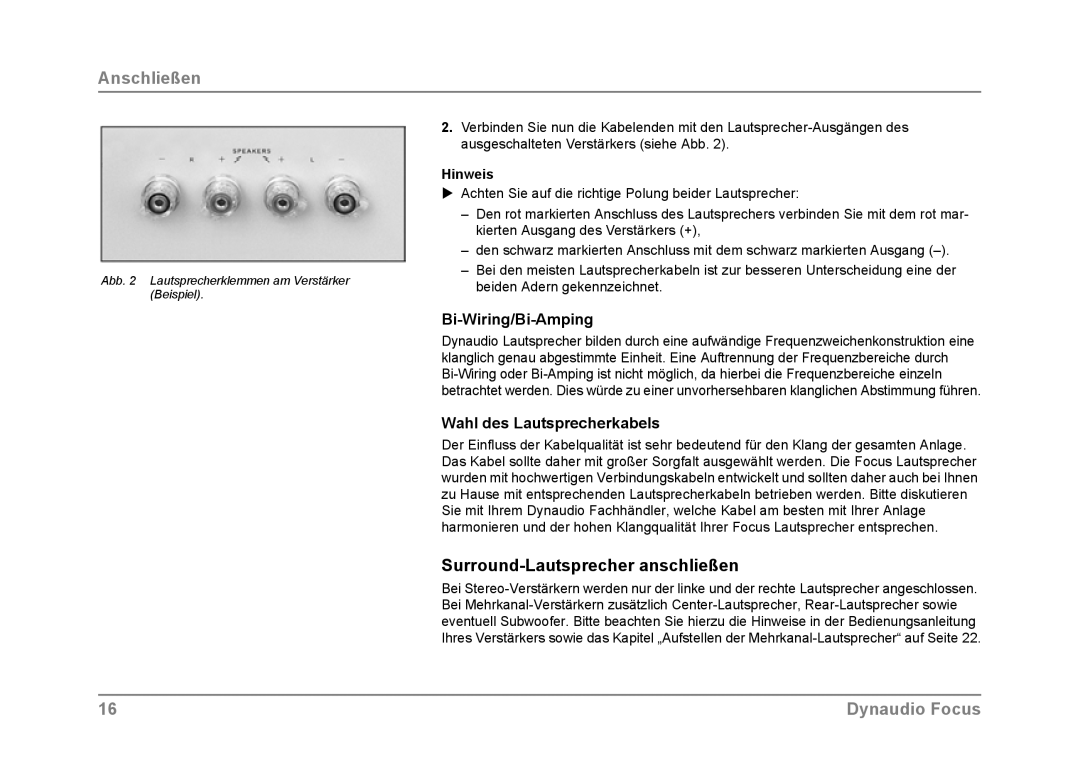 Dynaudio Focus owner manual Surround-Lautsprecher anschließen, Wahl des Lautsprecherkabels, Hinweis 