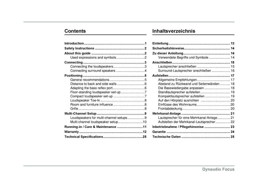 Dynaudio Focus owner manual Contents Inhaltsverzeichnis 