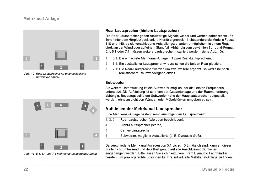 Dynaudio Focus owner manual Aufstellen der Mehrkanal-Lautsprecher, Rear-Lautsprecher hintere Lautsprecher 