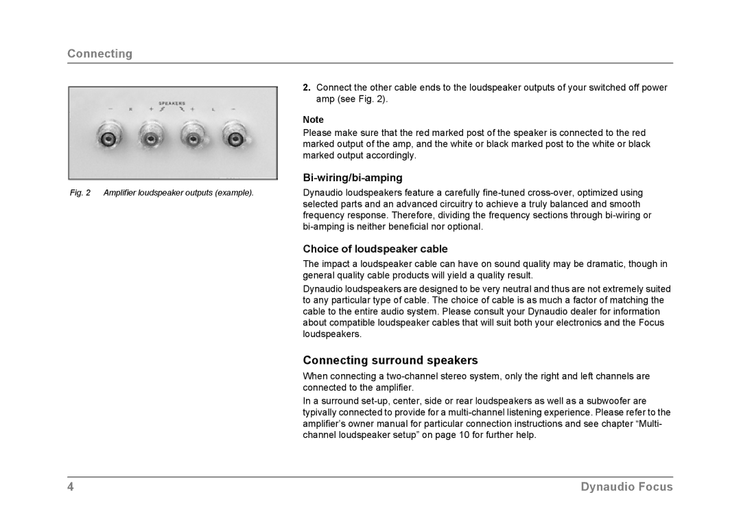 Dynaudio Focus owner manual Connecting surround speakers, Bi-wiring/bi-amping, Choice of loudspeaker cable 