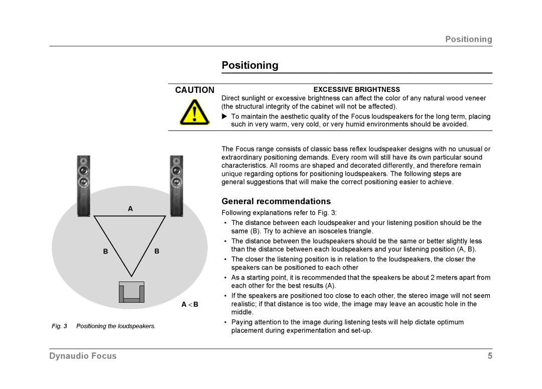 Dynaudio Focus owner manual Positioning, General recommendations, Excessive Brightness 