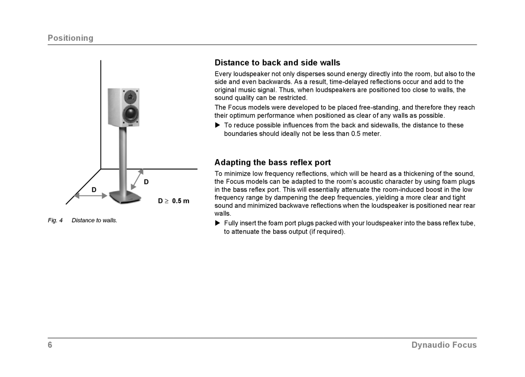 Dynaudio Focus owner manual Distance to back and side walls, Adapting the bass reflex port 