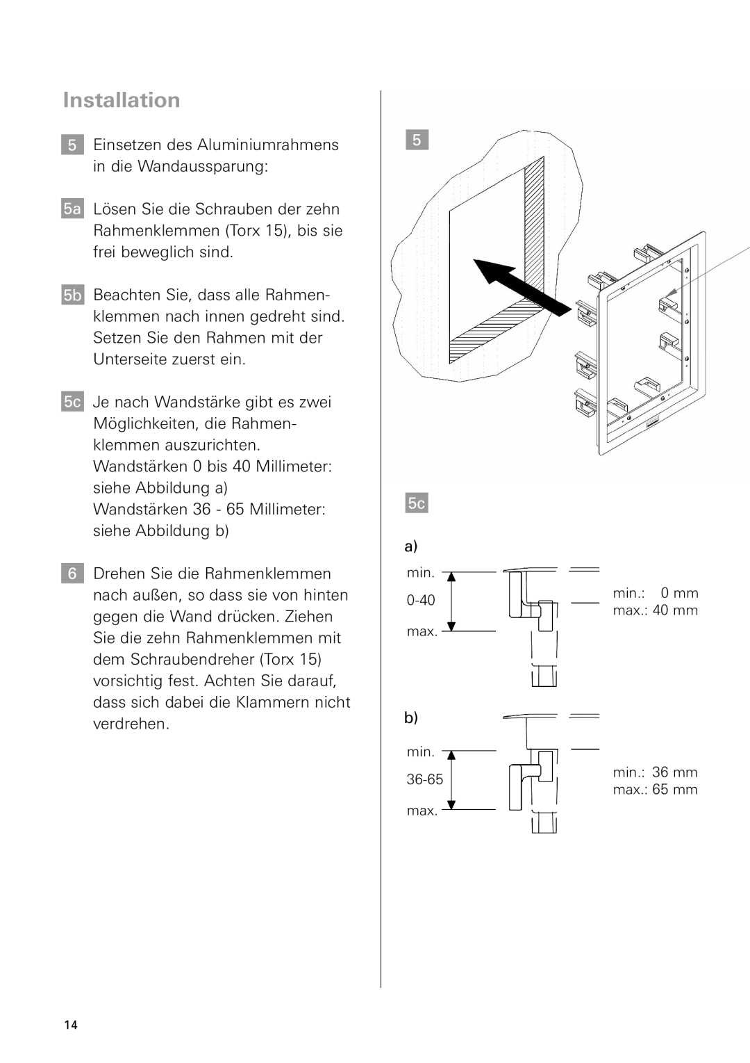 Dynaudio IP 24 instruction manual 5 5c, Installation, Wandstärken 36 - 65 Millimeter siehe Abbildung b 