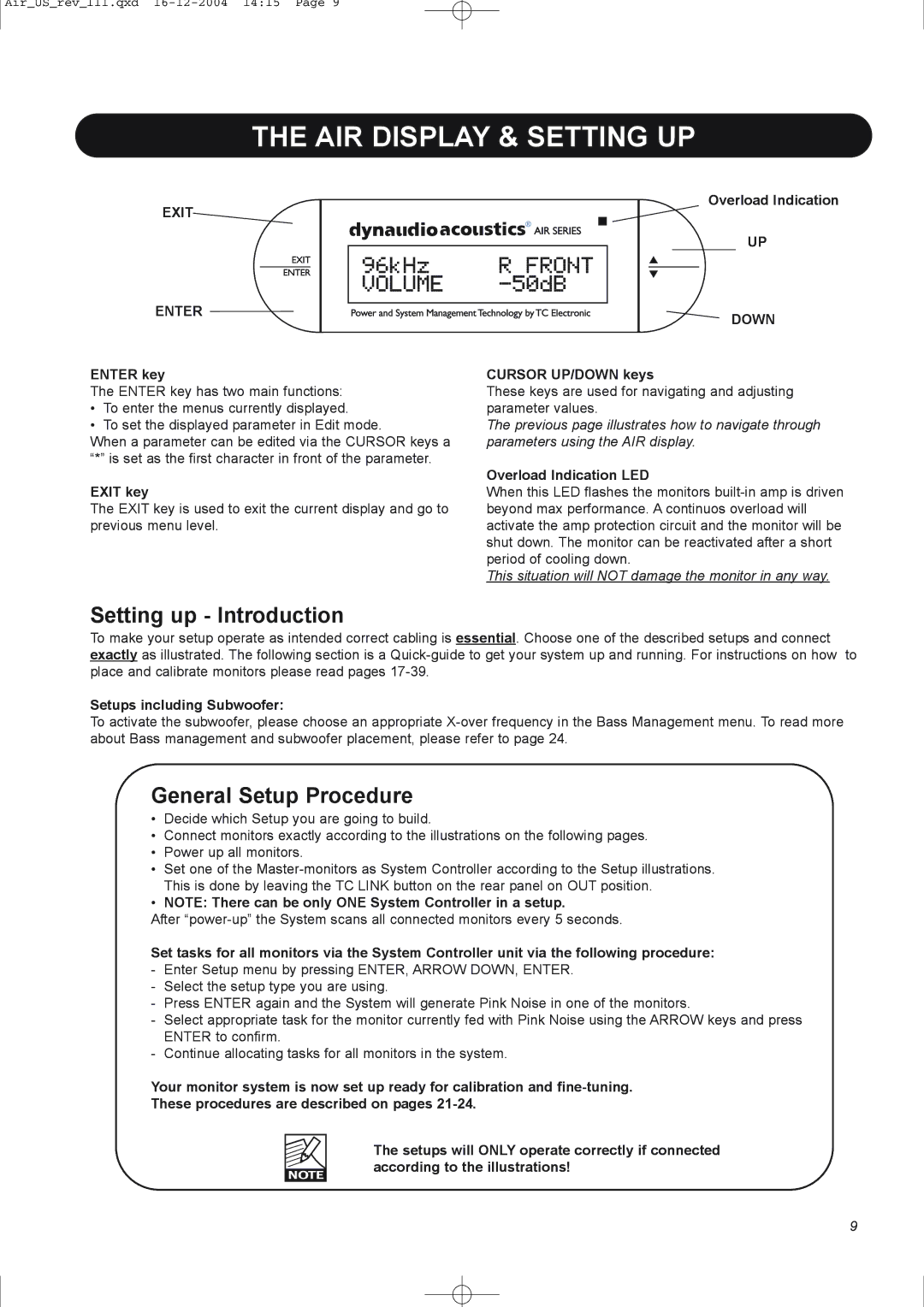 Dynaudio pmn manual AIR Display & Setting UP, Setting up Introduction, General Setup Procedure 