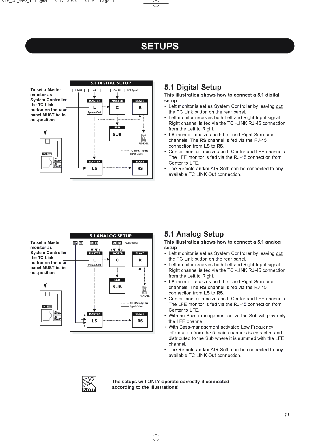 Dynaudio pmn manual Digital Setup, Analog Setup, This illustration shows how to connect a 5.1 digital setup 