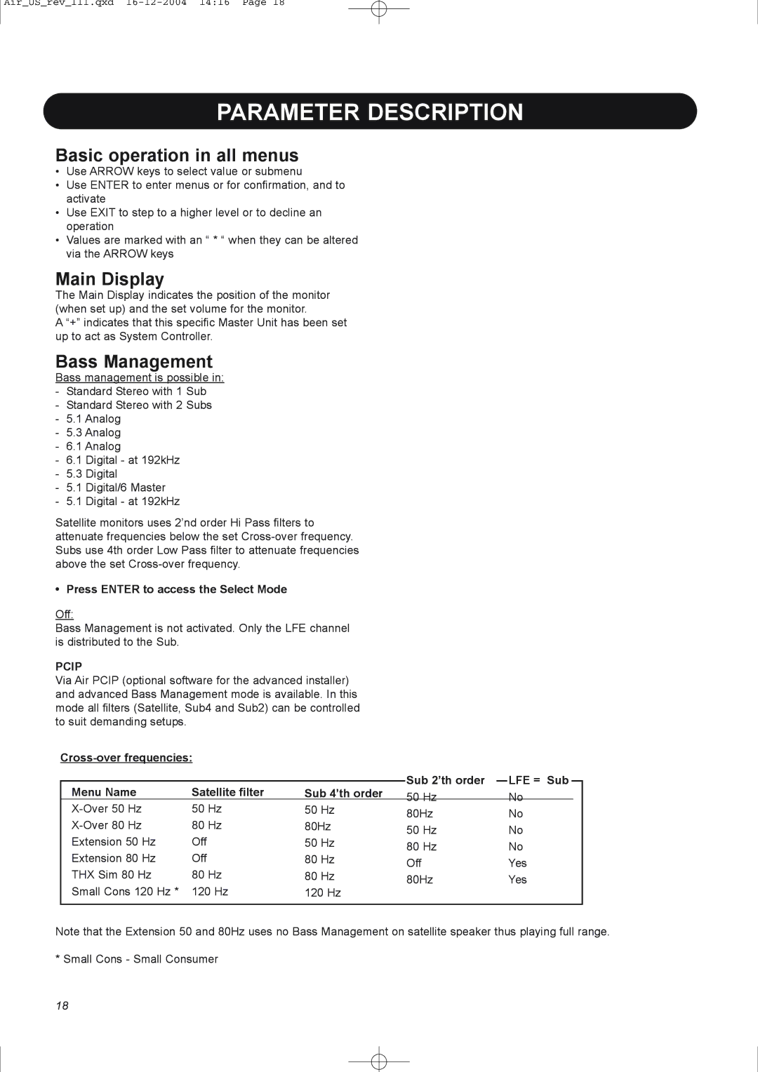 Dynaudio pmn manual Parameter Description, Basic operation in all menus, Main Display, Bass Management 