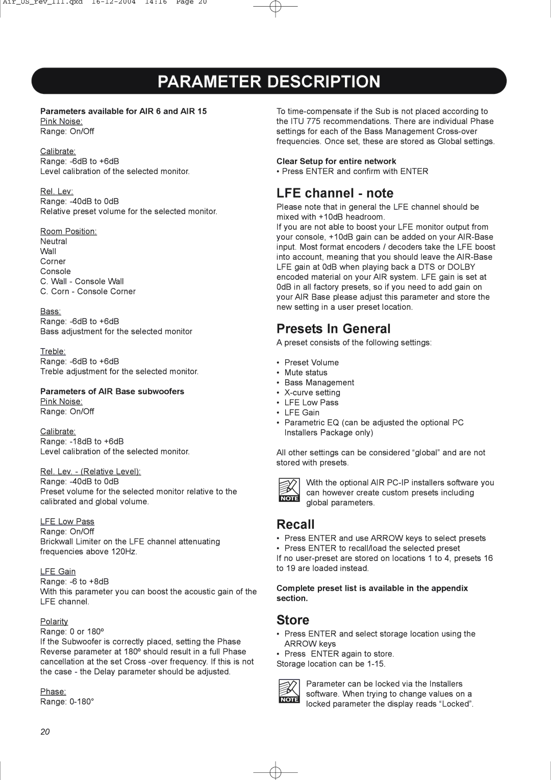 Dynaudio pmn manual LFE channel note, Presets In General, Recall, Store 