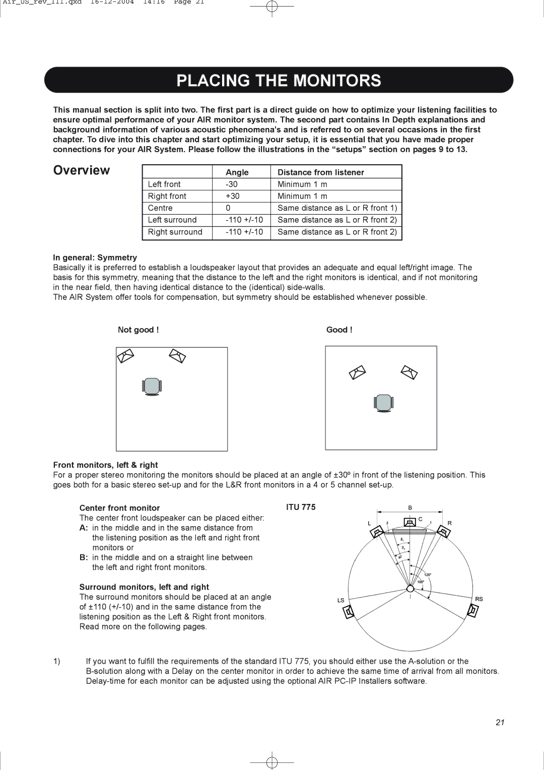 Dynaudio pmn manual Placing the Monitors 