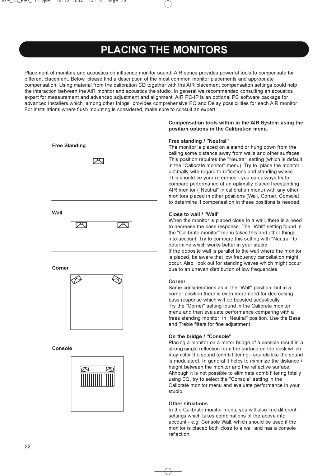 Dynaudio pmn manual Close to wall / Wall, On the bridge / Console, Other situations 