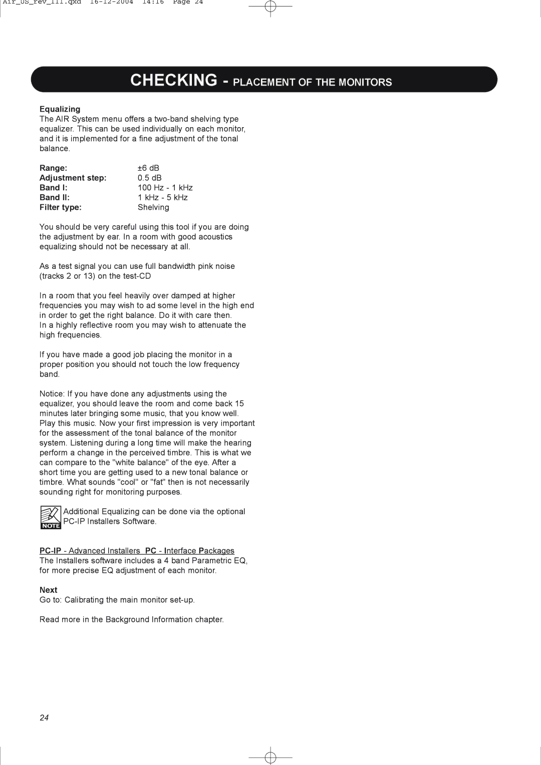 Dynaudio pmn manual Equalizing, Next 