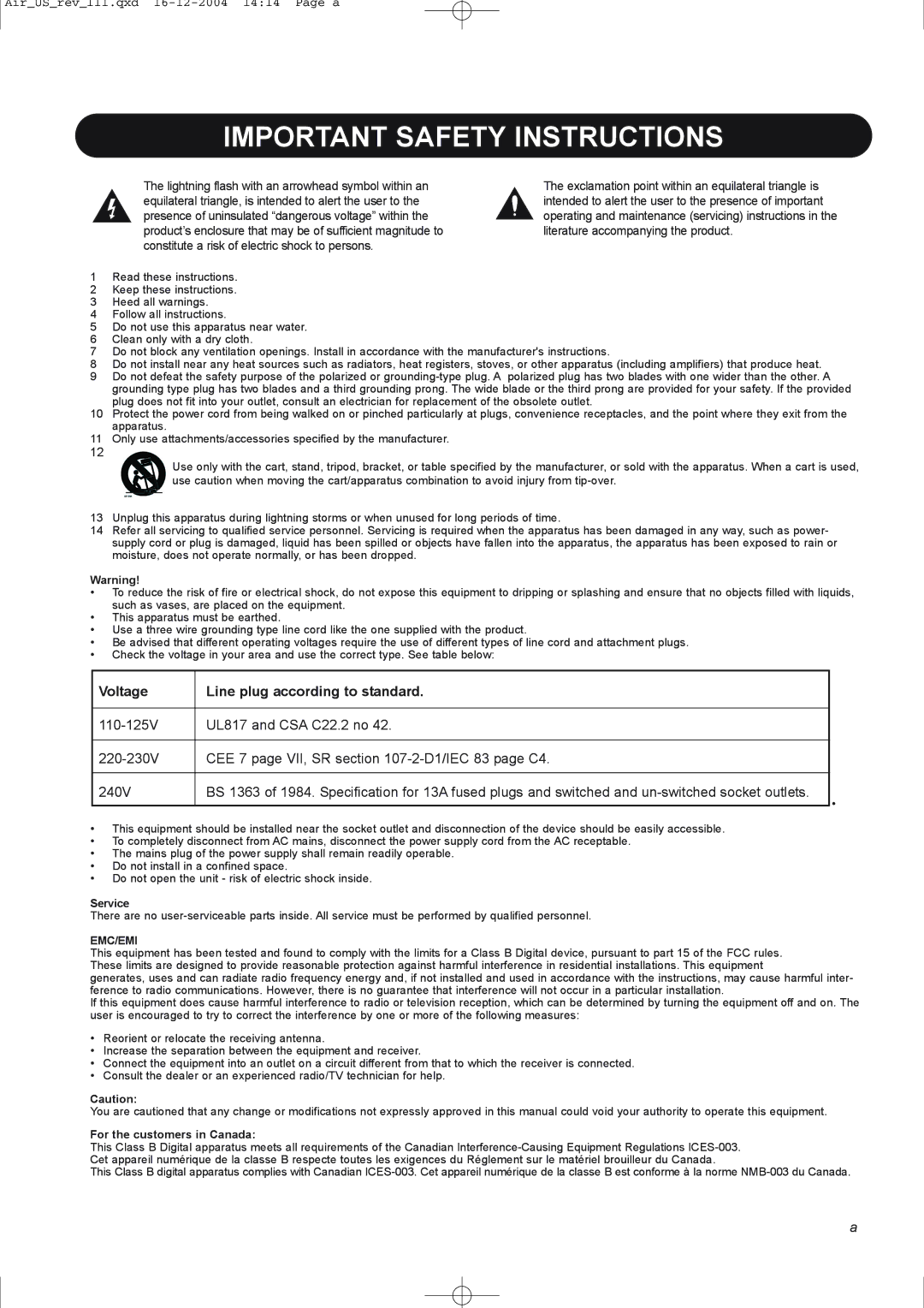 Dynaudio pmn manual Important Safety Instructions, Voltage Line plug according to standard 