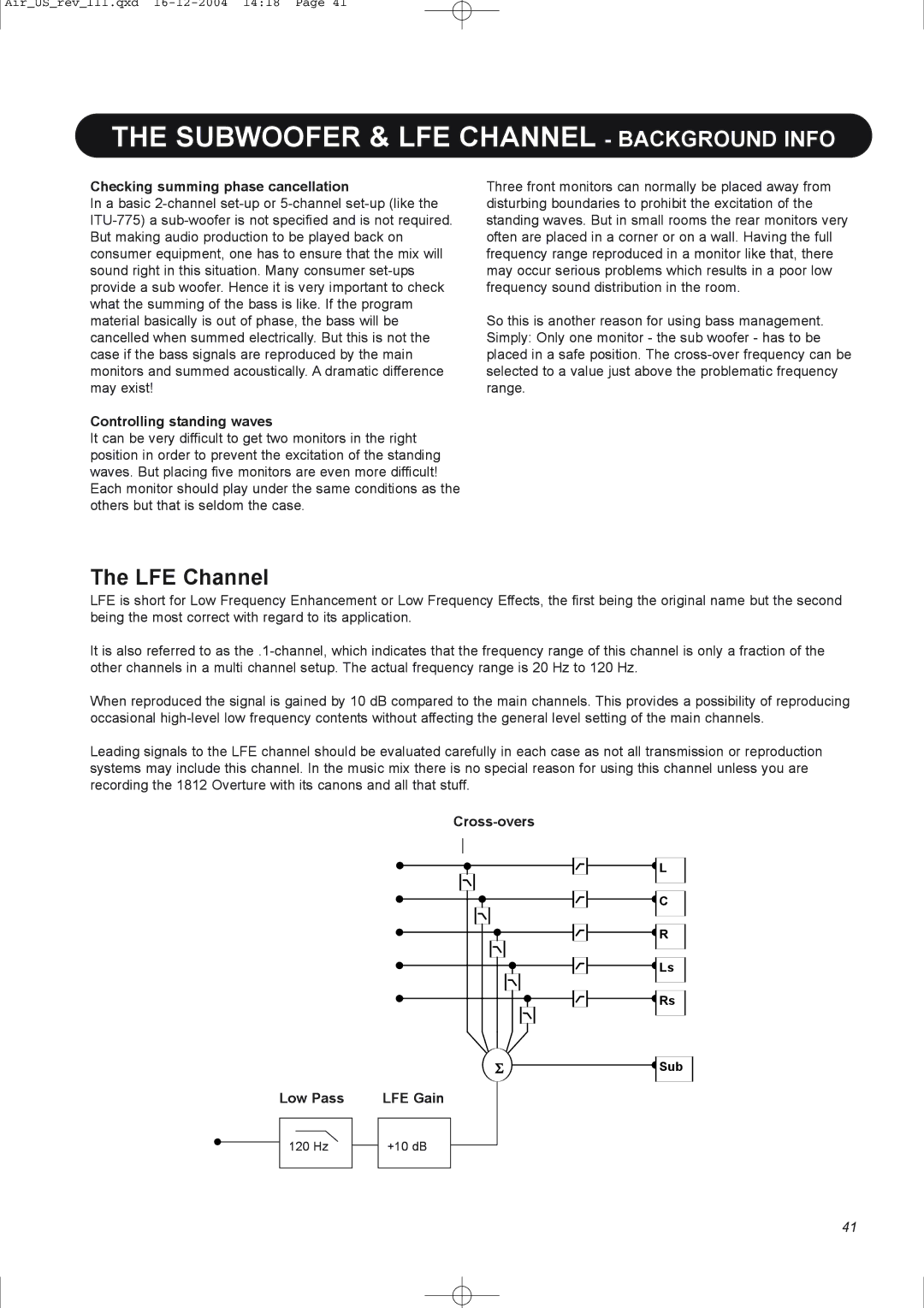 Dynaudio pmn manual Subwoofer & LFE Channel Background Info, Cross-overs, Low Pass LFE Gain 