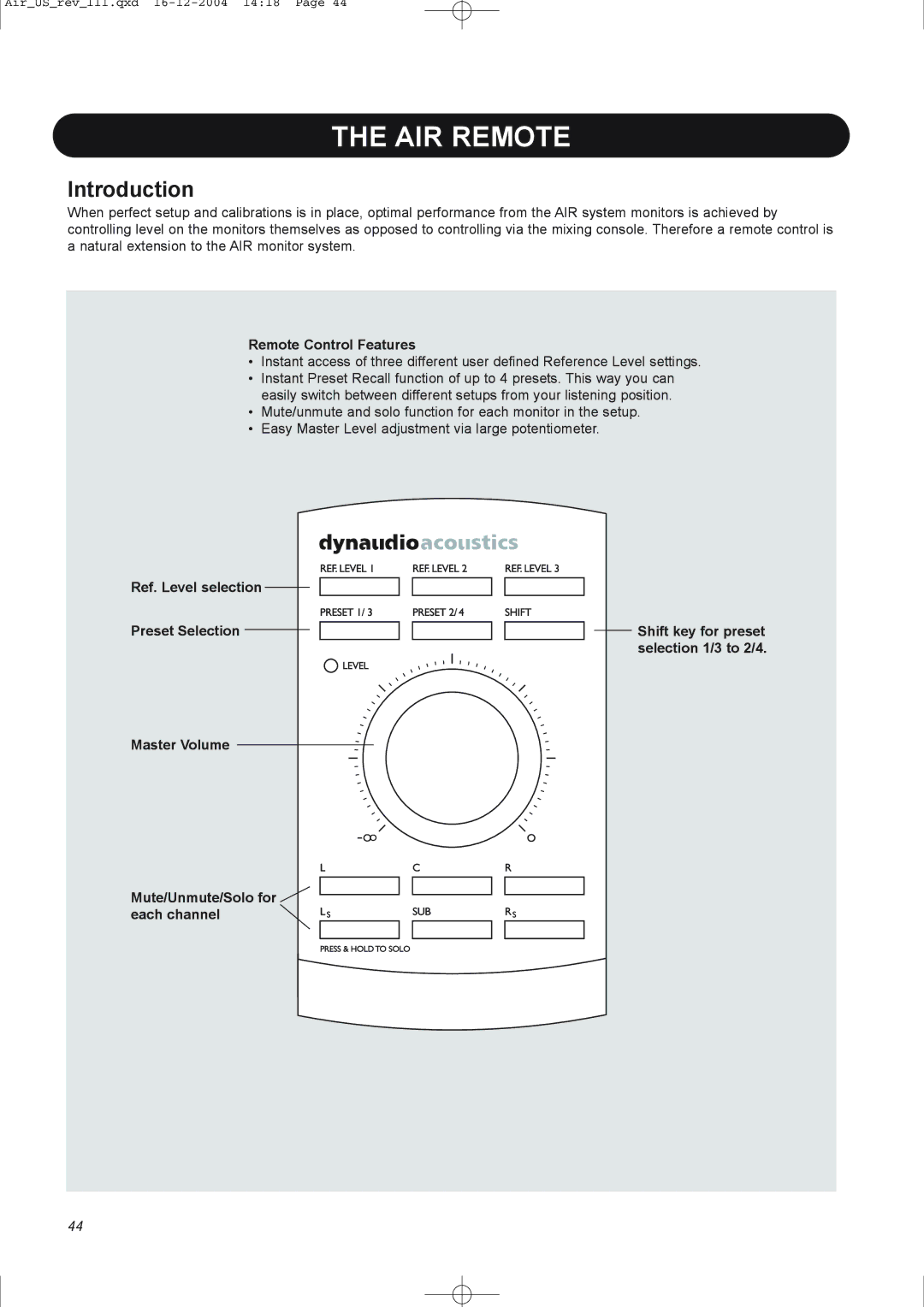 Dynaudio pmn manual AIR Remote, Introduction, Remote Control Features 