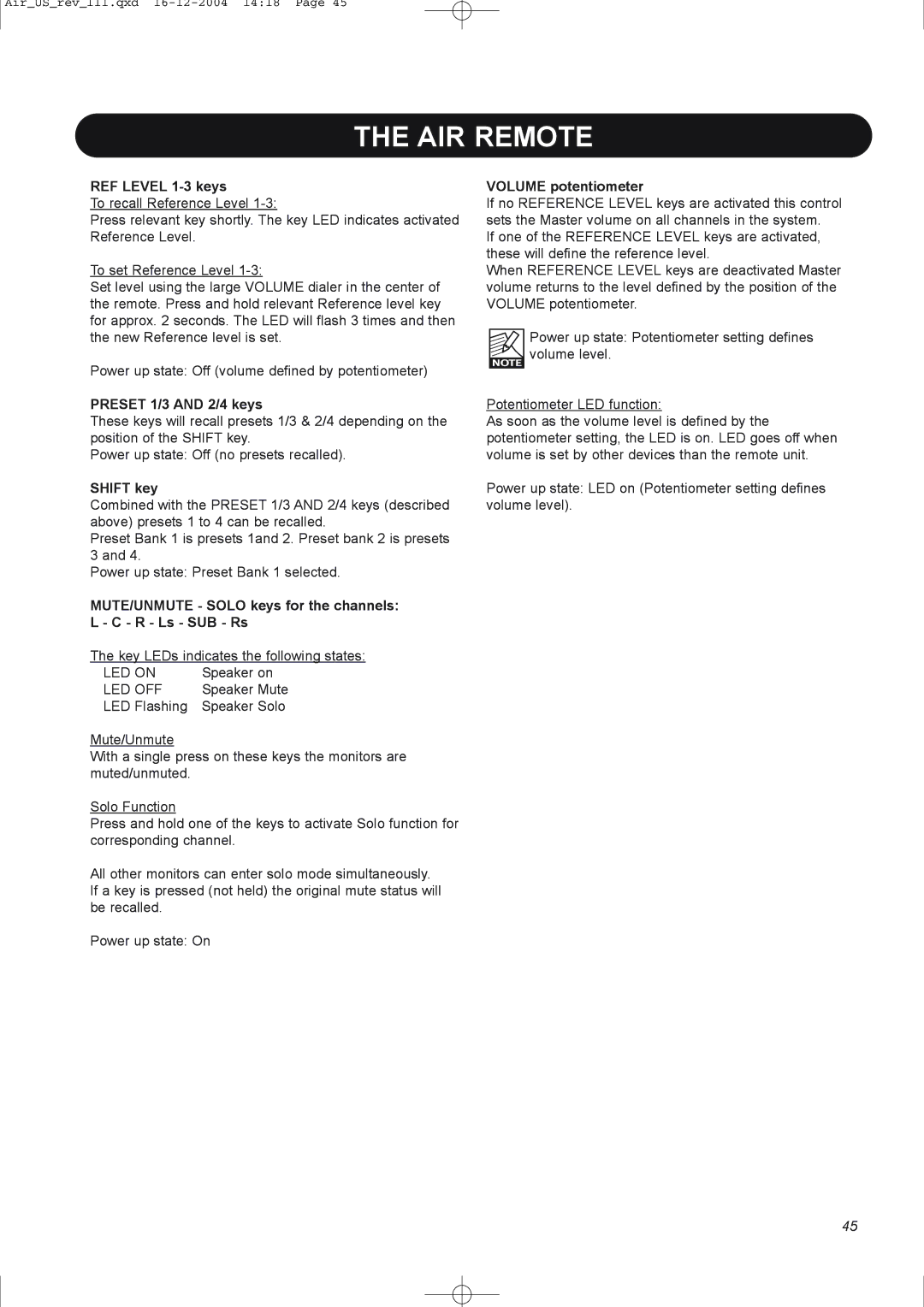 Dynaudio pmn manual REF Level 1-3 keys, Preset 1/3 and 2/4 keys, Shift key, Volume potentiometer 