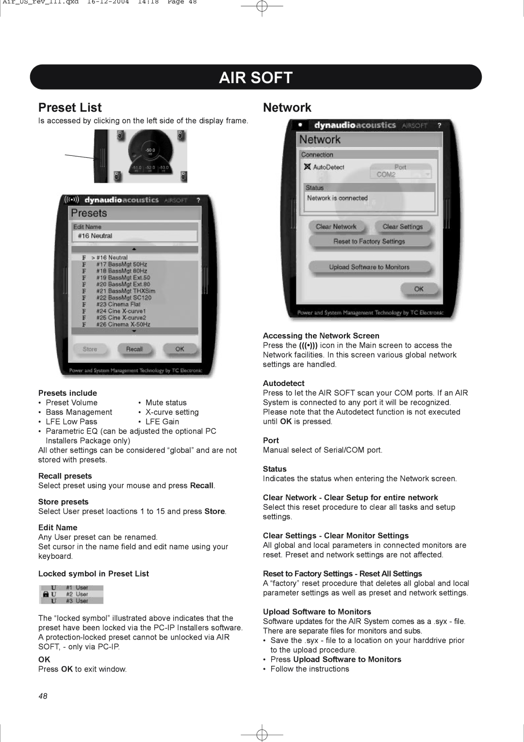 Dynaudio pmn manual Preset List, Network 