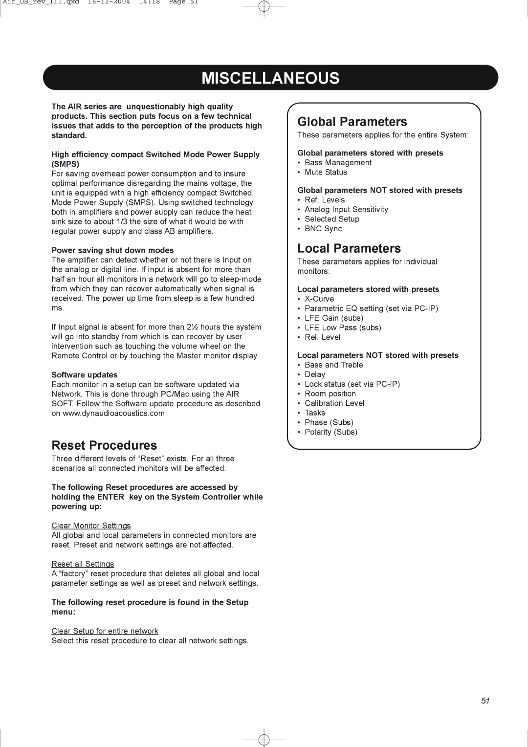 Dynaudio pmn manual Miscellaneous, Reset Procedures, Global Parameters, Local Parameters 