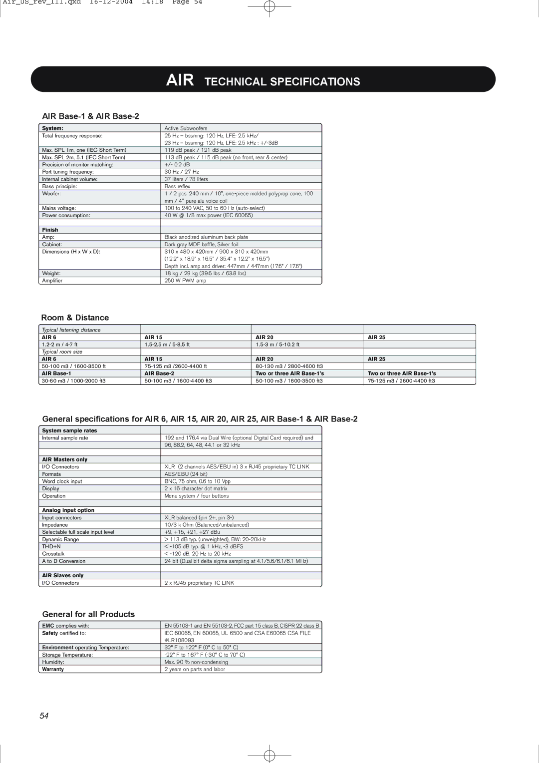 Dynaudio pmn manual AIR Base-1 & AIR Base-2, Room & Distance, General for all Products 