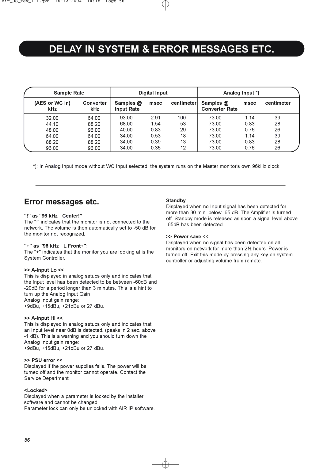 Dynaudio pmn manual Delay in System & Error Messages ETC, Error messages etc 