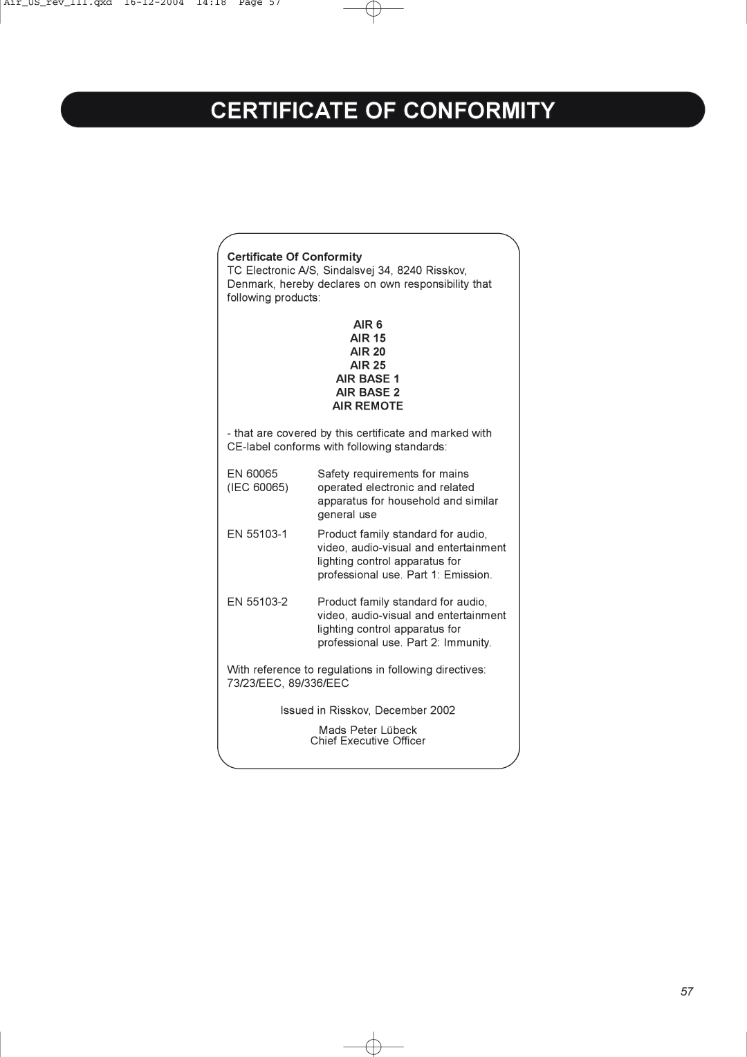 Dynaudio pmn manual Certificate of Conformity, Certificate Of Conformity, Air 