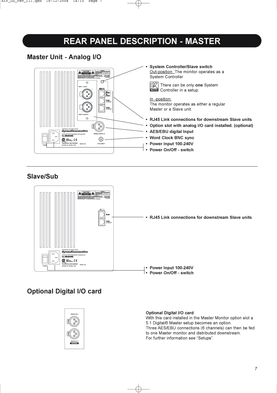 Dynaudio pmn manual Rear Panel Description Master, Master Unit Analog I/O, Slave/Sub, Optional Digital I/O card 