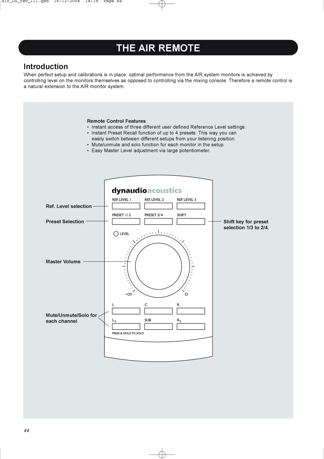 Dynaudio pmn manual The Air Remote, Introduction 