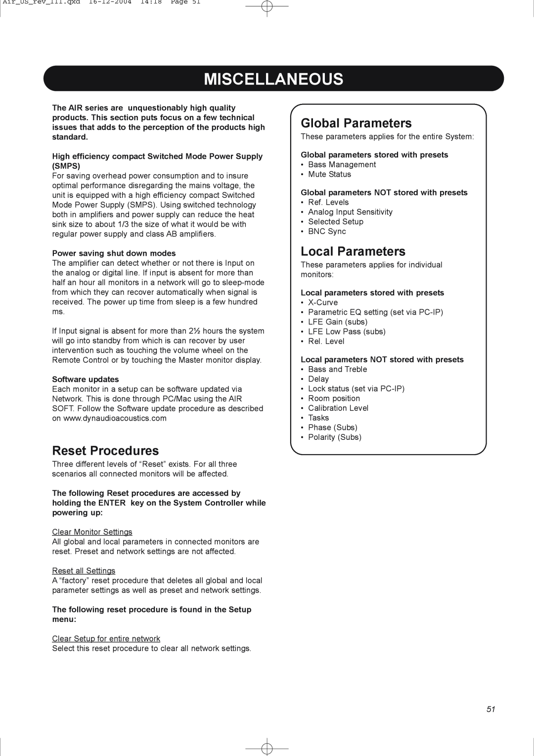 Dynaudio pmn manual Miscellaneous, Reset Procedures, Global Parameters, Local Parameters 