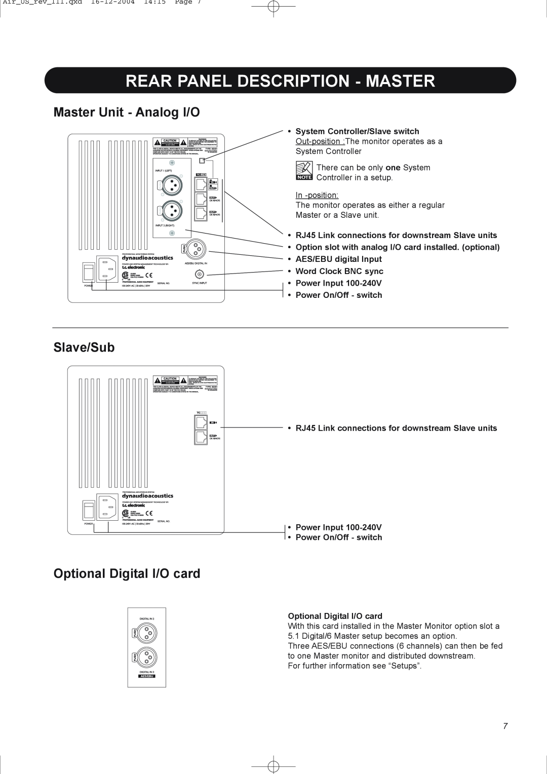 Dynaudio pmn manual Rear Panel Description - Master, Master Unit - Analog I/O, Slave/Sub, Optional Digital I/O card 