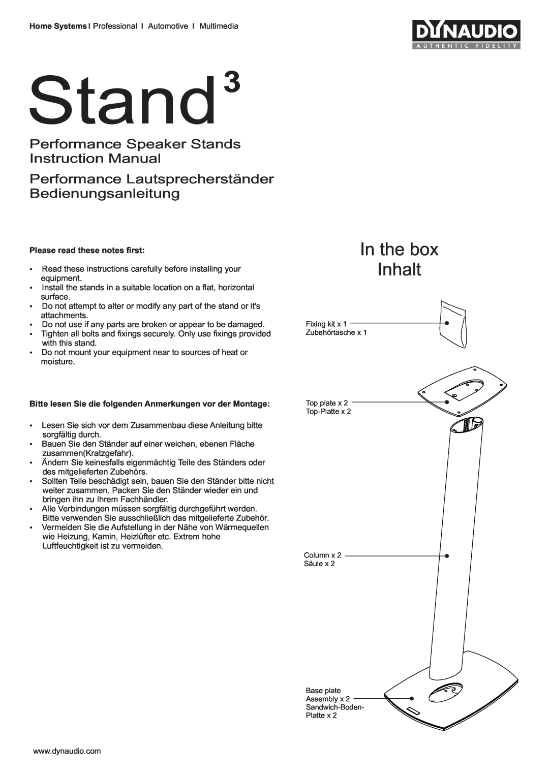 Dynaudio Stand3 instruction manual Please read these notes first, In the box Inhalt 