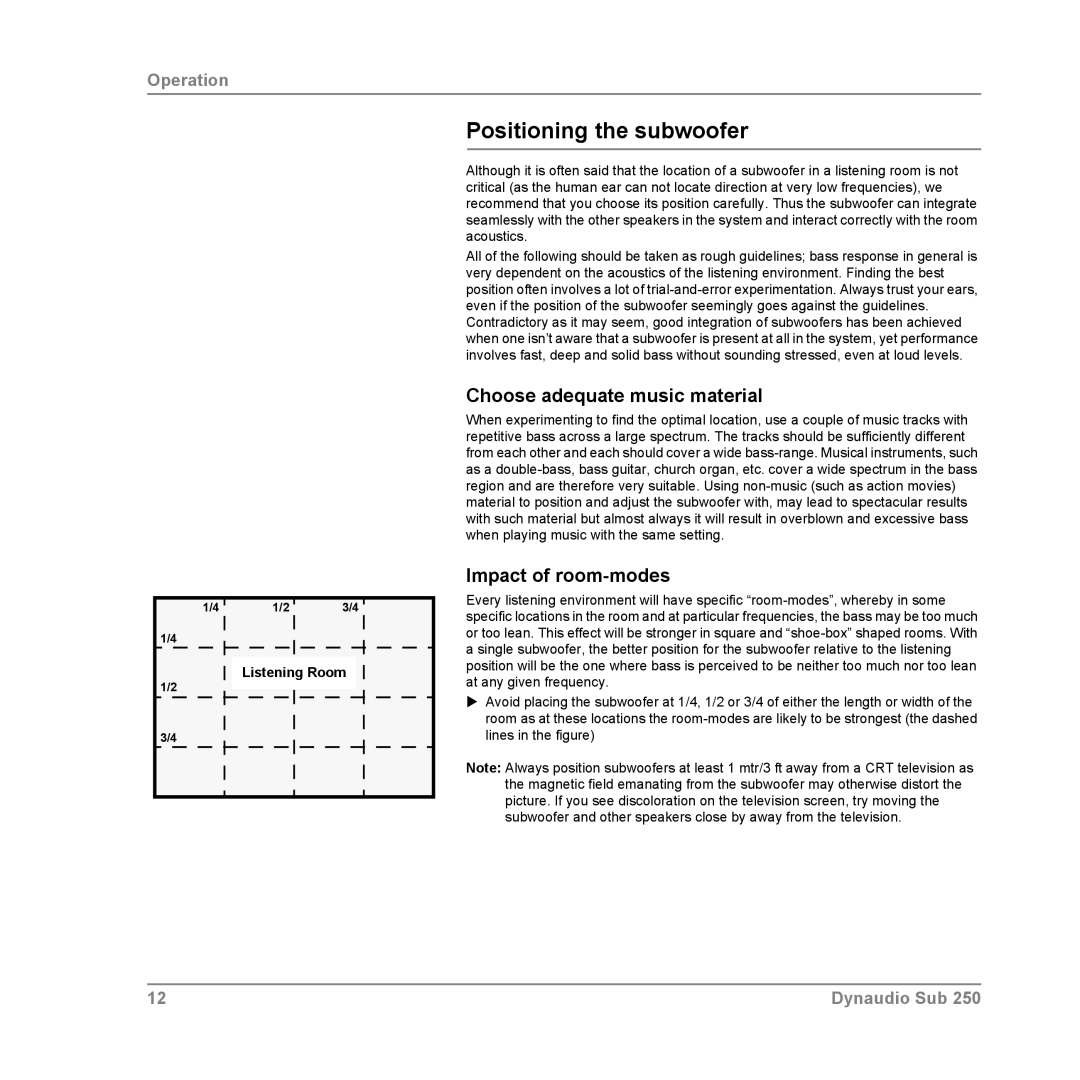 Dynaudio SUB 250 COMPACT Positioning the subwoofer, Choose adequate music material, Impact of room-modes, Listening Room 