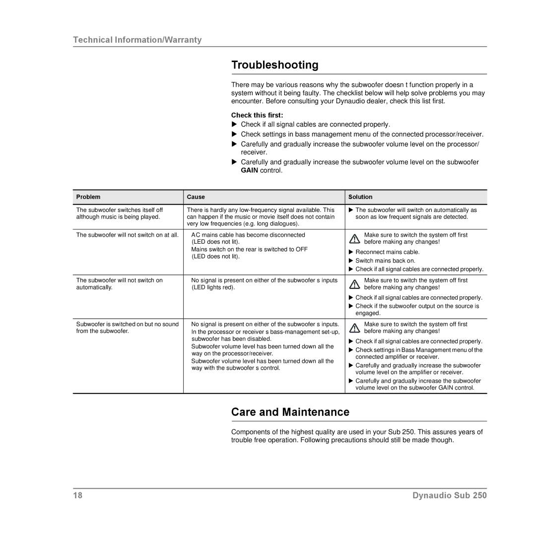 Dynaudio SUB 250 COMPACT, SUB 250 SAT, SUB 250 MC owner manual Troubleshooting, Care and Maintenance, Check this first 