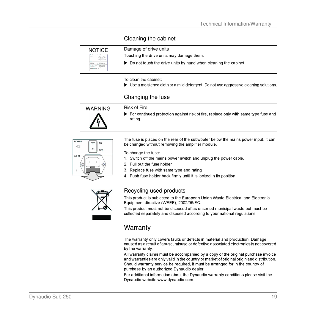 Dynaudio SUB 250 SAT, SUB 250 MC owner manual Warranty, Cleaning the cabinet, Changing the fuse, Recycling used products 