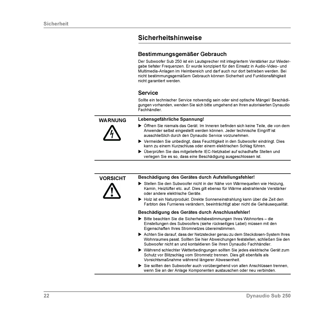 Dynaudio SUB 250 SAT, SUB 250 MC, SUB 250 COMPACT owner manual Sicherheitshinweise, Bestimmungsgemäßer Gebrauch, Service 