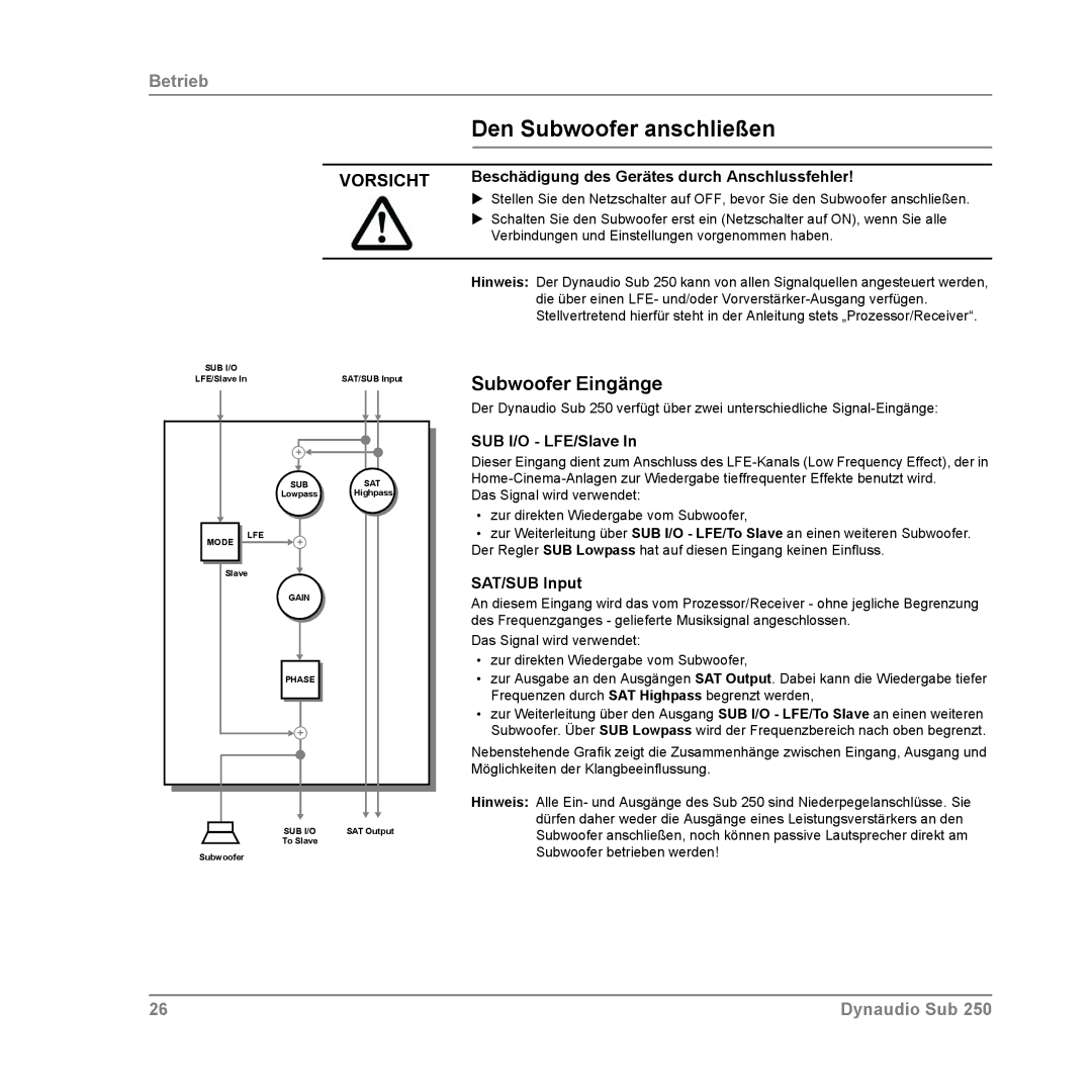 Dynaudio SUB 250 MC Den Subwoofer anschließen, Subwoofer Eingänge, Verbindungen und Einstellungen vorgenommen haben 