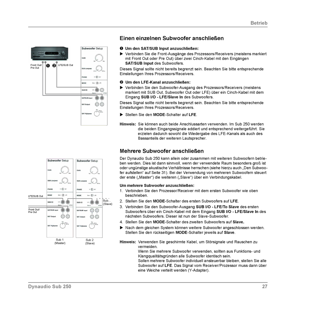 Dynaudio SUB 250 COMPACT, SUB 250 SAT, SUB 250 MC Einen einzelnen Subwoofer anschließen, Mehrere Subwoofer anschließen 