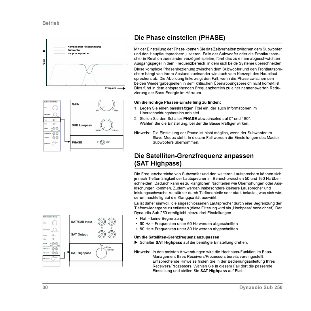 Dynaudio SUB 250 COMPACT, SUB 250 SAT Die Phase einstellen Phase, Die Satelliten-Grenzfrequenz anpassen SAT Highpass 