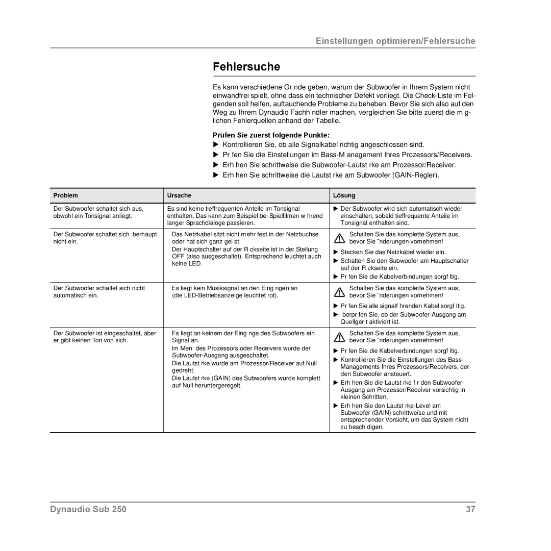 Dynaudio SUB 250 SAT, SUB 250 MC, SUB 250 COMPACT owner manual Fehlersuche, Prüfen Sie zuerst folgende Punkte 