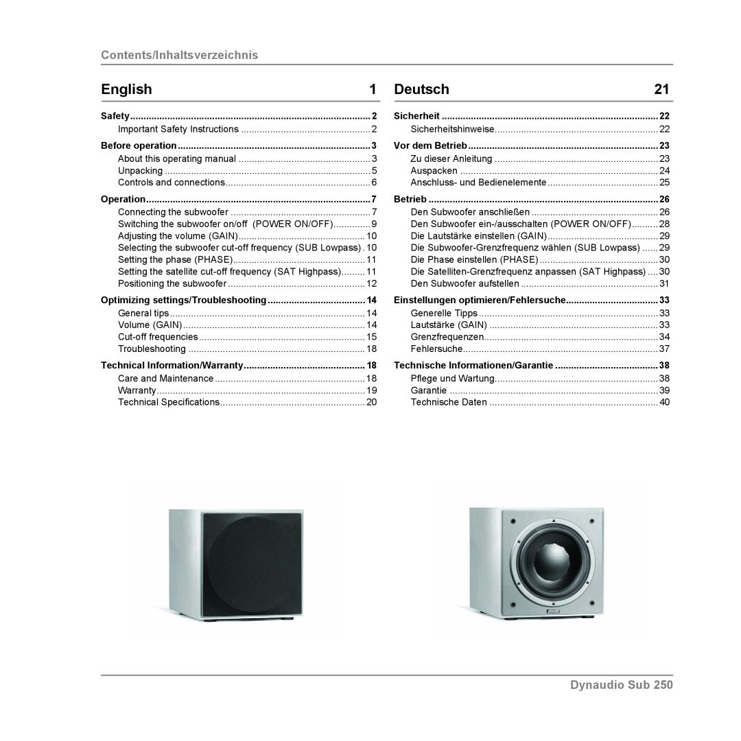 Dynaudio SUB 250 COMPACT, SUB 250 SAT, SUB 250 MC owner manual Contents/Inhaltsverzeichnis, Dynaudio Sub, English, Deutsch 