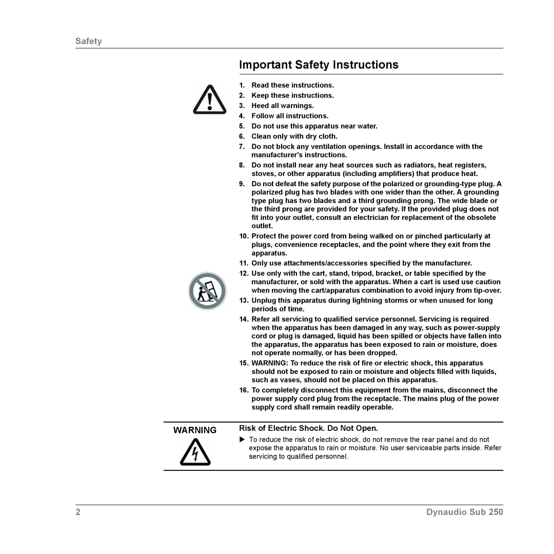 Dynaudio SUB 250 MC Important Safety Instructions, Risk of Electric Shock. Do Not Open, Read these instructions 