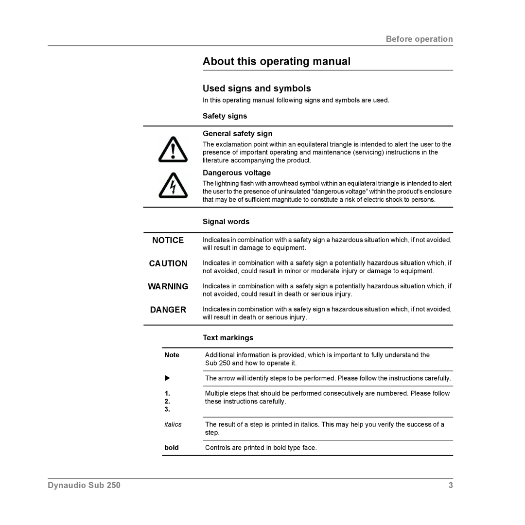 Dynaudio SUB 250 COMPACT About this operating manual, Used signs and symbols, Before operation, Danger, Safety signs, step 