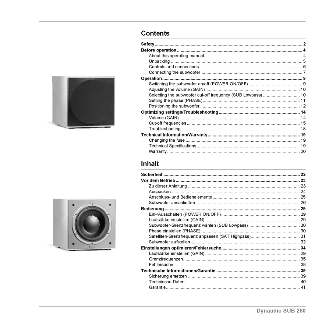 Dynaudio SUB 250 manual Contents, Inhalt 