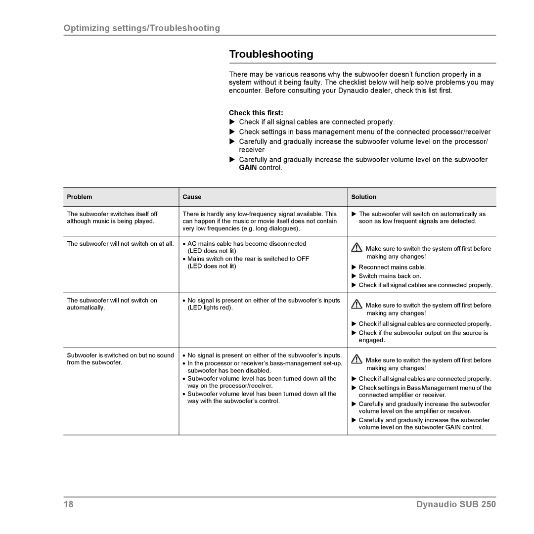 Dynaudio SUB 250 manual Troubleshooting, Check this first 