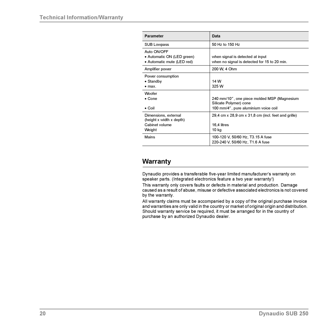 Dynaudio SUB 250 manual Warranty 