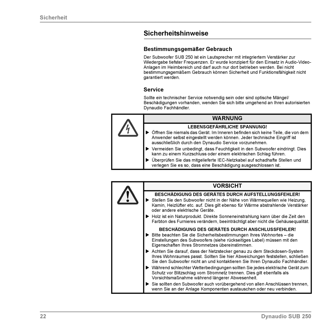 Dynaudio SUB 250 manual Sicherheitshinweise, Bestimmungsgemäßer Gebrauch, Service 