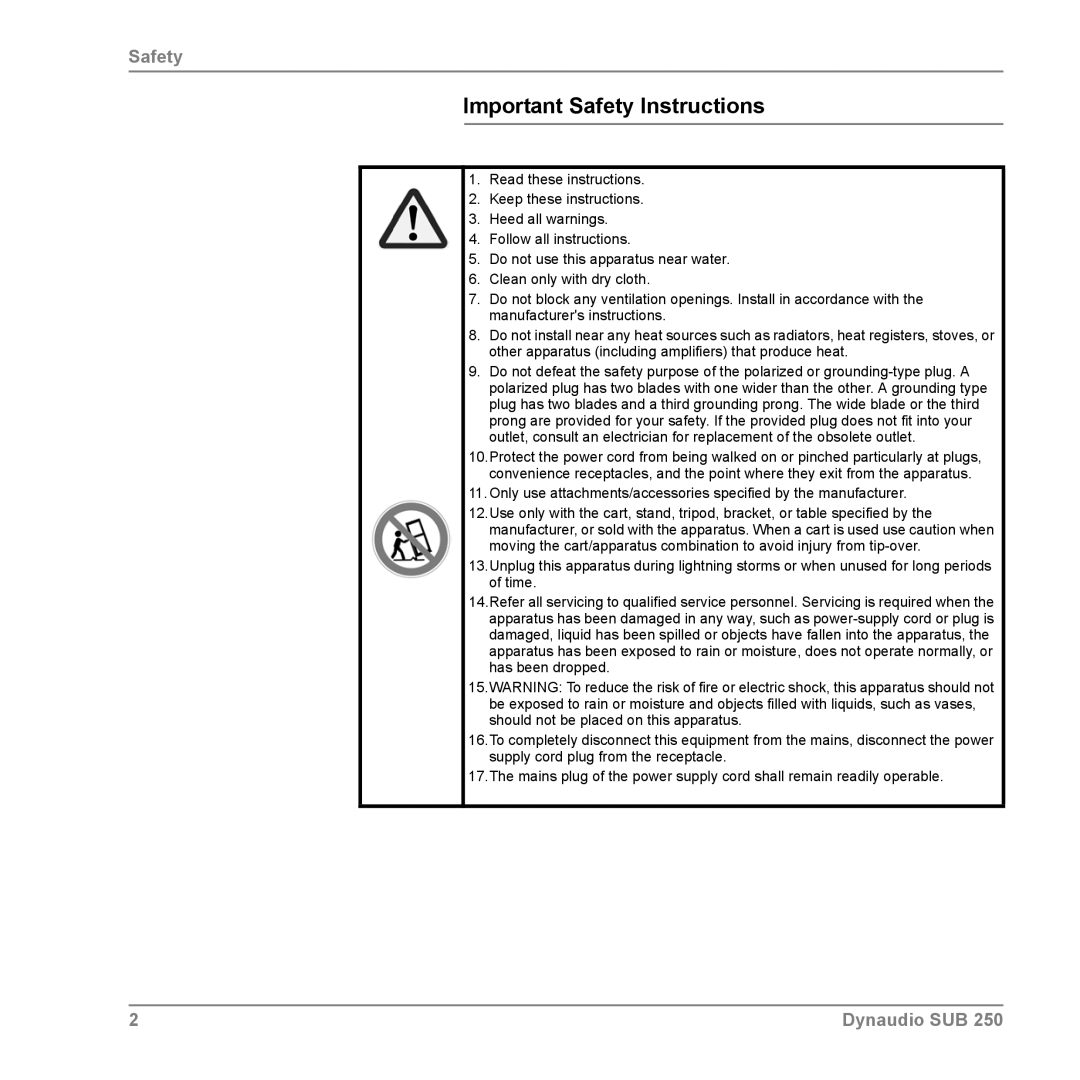 Dynaudio SUB 250 manual Important Safety Instructions 