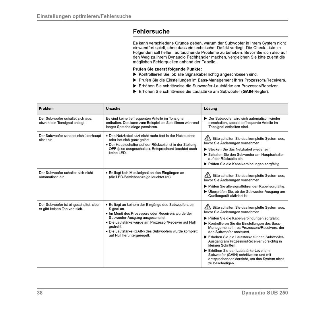 Dynaudio SUB 250 manual Fehlersuche, Prüfen Sie zuerst folgende Punkte 