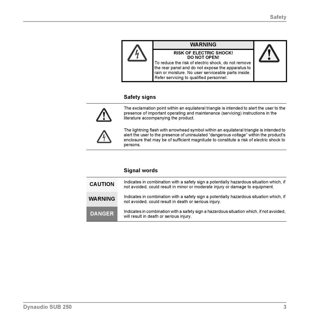 Dynaudio SUB 250 manual Safety signs, Signal words, Risk of Electric Shock Do not Open 